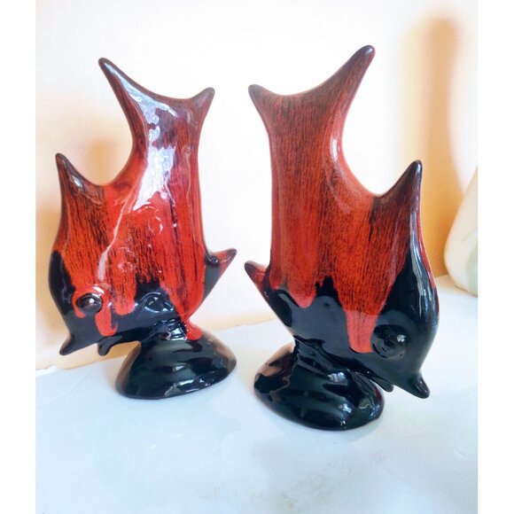 Canuck pottery Canada Angelfish Figurines(set of 2) Red Drip Glaze 8" tall - Picture 2 of 11